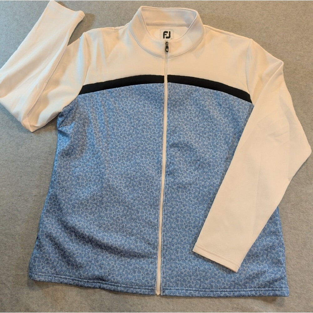 FootJoy FJ Womens XL Full Zip Golf Jacket White Blue Leopard Print Pullover